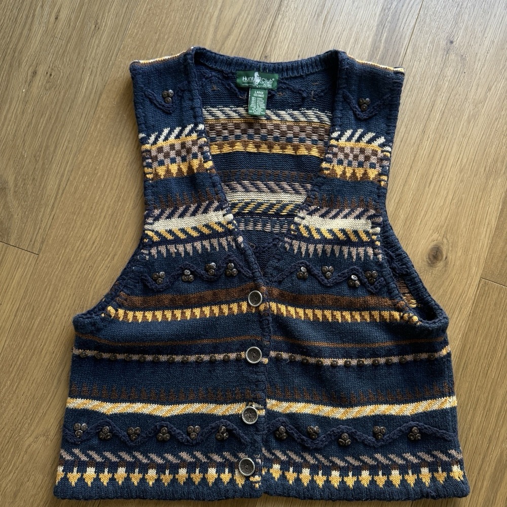 VTG Ramie Cotton Cardigan Vest Sz M/L 80s 90s Colorful Fall Equestrian Boho